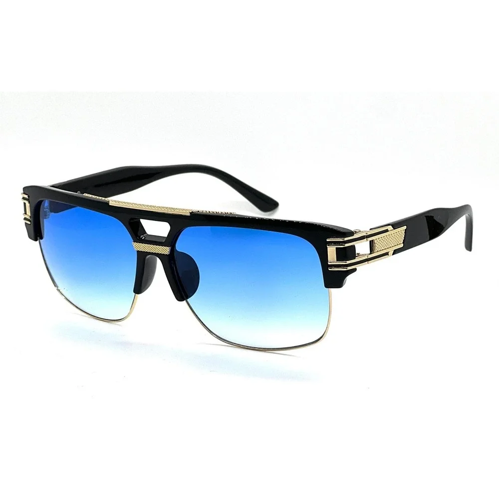 Designer Sunglasses Oversized Square Flat Top Gold Accent Blue Lens Retro Vintag